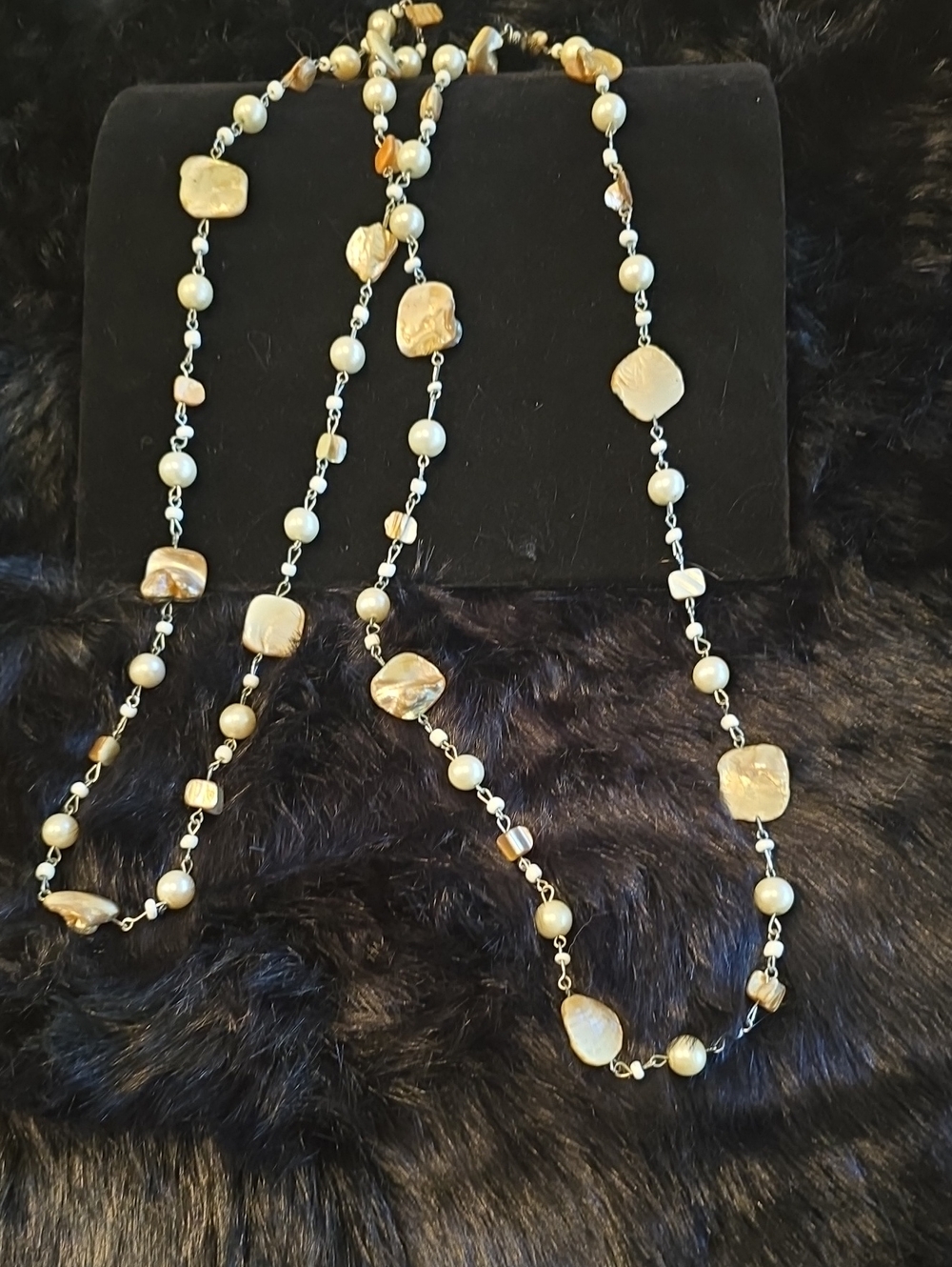 Classic Pearl and Shell Long Necklace - Beige